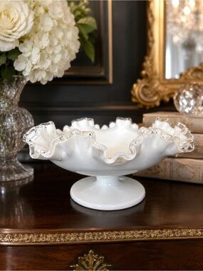 Vintage Fenton Silver Crest Milk Glass Compote Pedestal Bowl